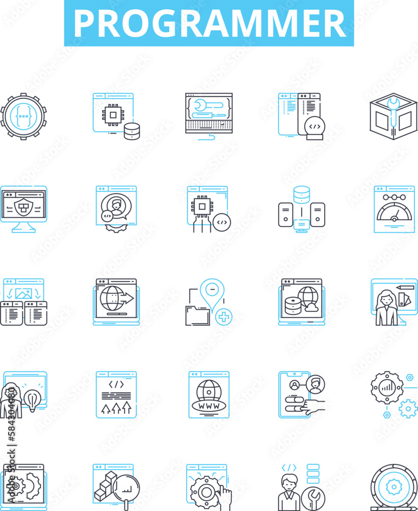 Programmer vector line icons set. Developer, Coder, Engineer, Technician, Analyst, Designer, Hacker illustration outline concept symbols and signs