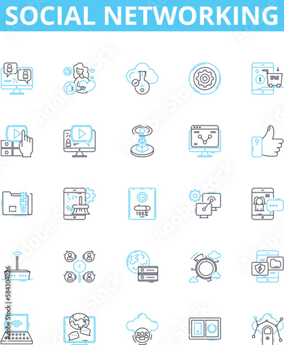 Social networking vector line icons set. Social, networking, networking, sites, media, profiles, interaction illustration outline concept symbols and signs