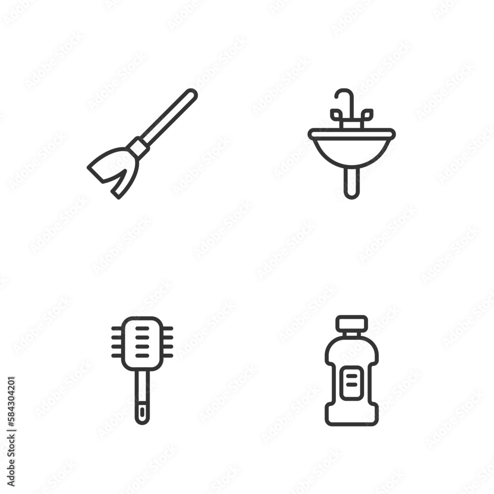 Set line Bottle for detergent, Toilet brush, Handle broom and Washbasin icon. Vector Set line Bottle for detergent, Toilet brush, Handle broom and Washbasin icon. Vector