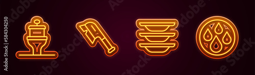 Set line Toilet bowl, Brush for cleaning, Washing dishes and Water drop. Glowing neon icon. Vector