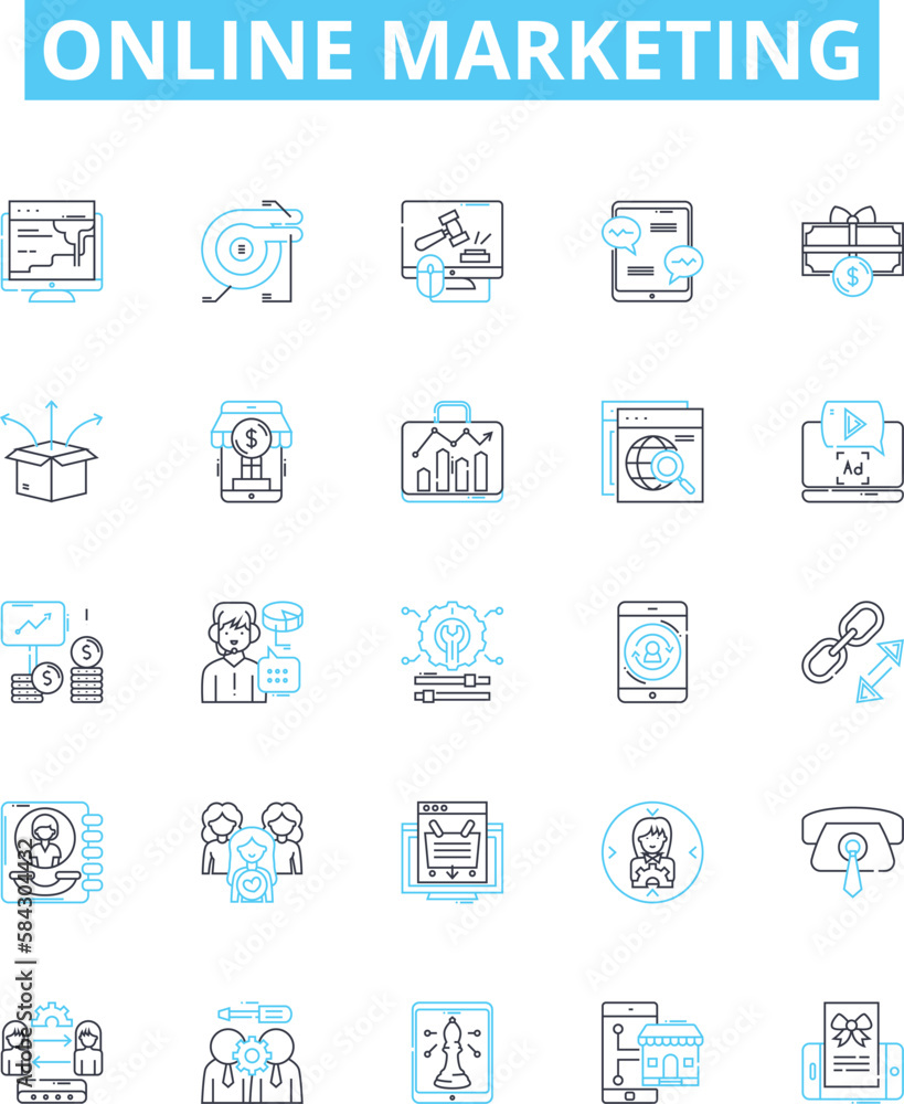 Online marketing vector line icons set. Digital, Advertising, Social, Media, SEO, SEM, Analytics illustration outline concept symbols and signs