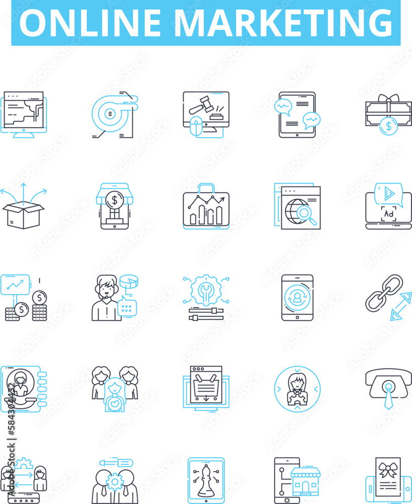 Online marketing vector line icons set. Digital, Advertising, Social, Media, SEO, SEM, Analytics illustration outline concept symbols and signs Online marketing vector line icons set. Digital, Advertising, Social, Media, SEO, SEM, Analytics illustration outline concept symbols and signs