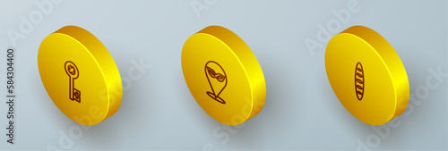 Set Isometric line Old key, Carnival mask and French baguette bread icon. Vector