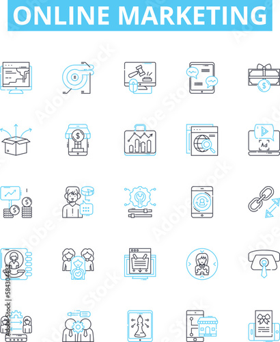 Online marketing vector line icons set. Digital  Advertising  Social  Media  SEO  SEM  Analytics illustration outline concept symbols and signs