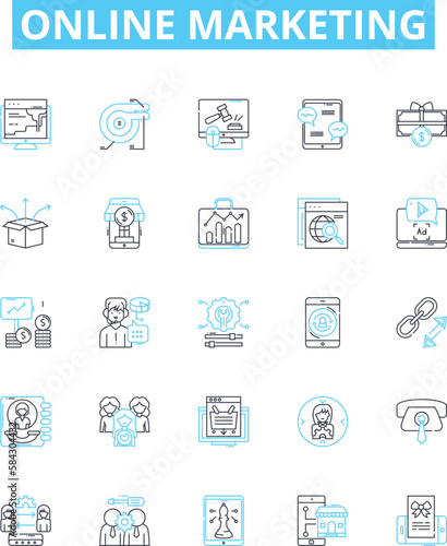 Online marketing vector line icons set. Digital, Advertising, Social, Media, SEO, SEM, Analytics illustration outline concept symbols and signs
