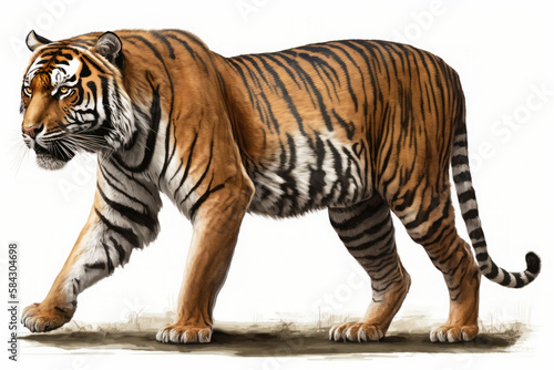 Tiger illustration  full length  side view on a white background. Generative AI illustration.