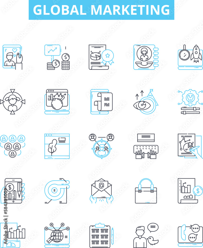 Global marketing vector line icons set. Global, Marketing, International, Advertising, Business, Export, Strategy illustration outline concept symbols and signs