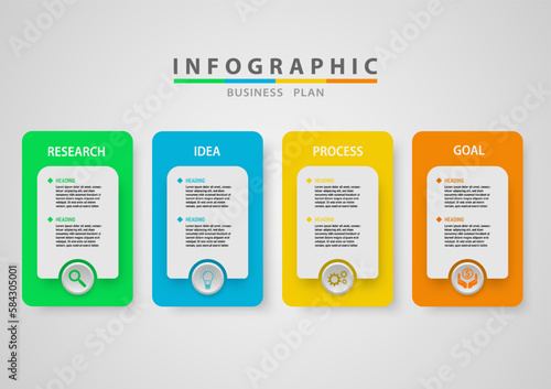 Infographic 4 Steps to Successful Business Planning multi colored squares with circles and icons design for marketing, finance, growth, investment gray gradient background