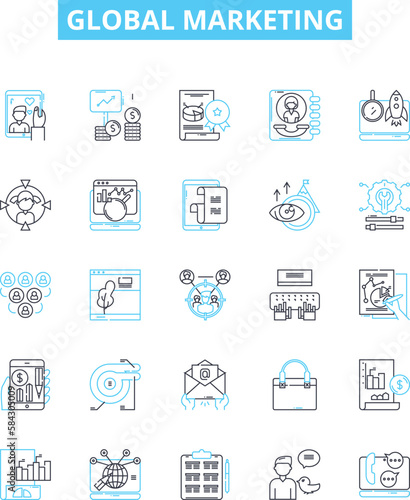 Global marketing vector line icons set. Global, Marketing, International, Advertising, Business, Export, Strategy illustration outline concept symbols and signs