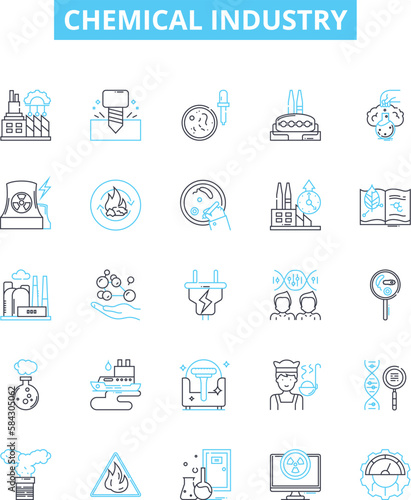 Chemical industry vector line icons set. Chemicals, Industry, Petrochemicals, Fertilizers, Petroleum, Synthetics, Pharmaceuticals illustration outline concept symbols and signs