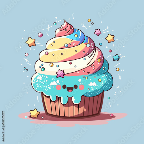 Pattern with cute muffin with smiling face, colorful cupcake. Perfect content for wallpaper, postcards, posters, fabric, napkins and other creative projects. 