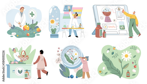 Homeopathy and herbal remedies set. Medical research laboratory diagnostics. Homeopathic treatment and phytotherapy. Traditional herb recipes of alternative medicine. Medicine pharmacy. Herbal pills