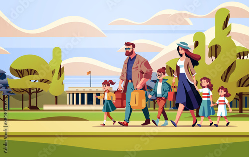 parents and little children walking together in urban park mother father and kids standing together parenthood big family