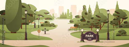wooden benches and green trees in public summer city park horizontal