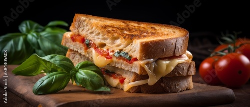 Sandwich with grilled cheese that looks and mouthwatering. The cheese is melted to perfection and oozing out of the bread, creating a tempting visual. Generative AI
