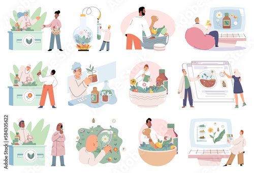 Homeopathy and herbal remedies set. Medical research laboratory diagnostics. Homeopathic treatment and phytotherapy. Traditional herb recipes of alternative medicine. Medicine pharmacy. Herbal pills