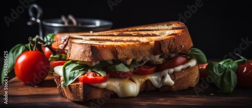 Sandwich with grilled cheese that looks and mouthwatering. The cheese is melted to perfection and oozing out of the bread, creating a tempting visual. Generative AI