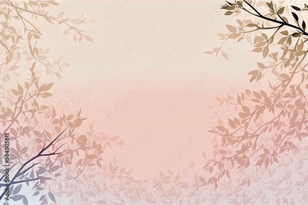 Pale Peach Light Pink Background Silhouettes Leafy Branches Postcard. Generative AI