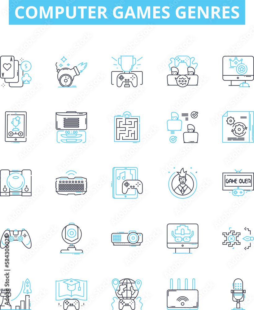 Computer games genres vector line icons set. Simulation, Shooter, Adventure, Puzzle, Strategy, Platformer, Racing illustration outline concept symbols and signs