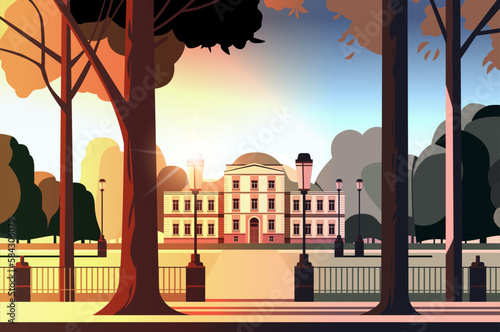 front view of administrative governmental traditional classic building in public autumn city park horizontal