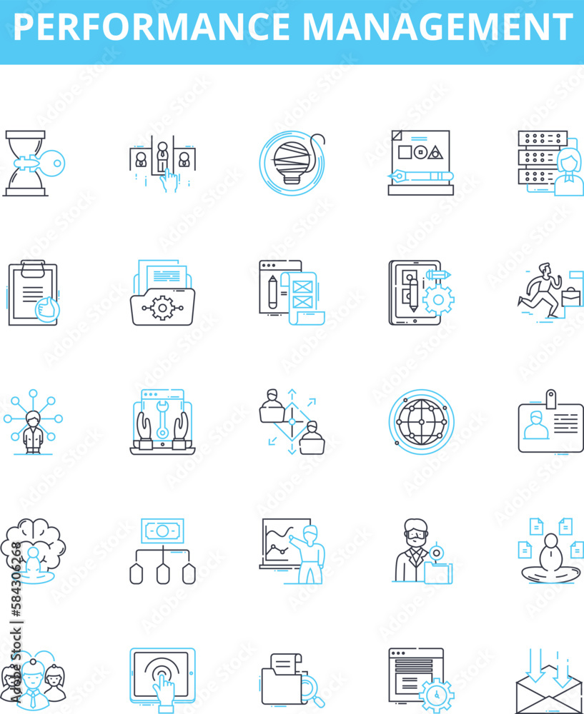 Performance management vector line icons set. Performance, Management, Assessment, Appraisal, measurement, Monitoring, Evaluation illustration outline concept symbols and signs