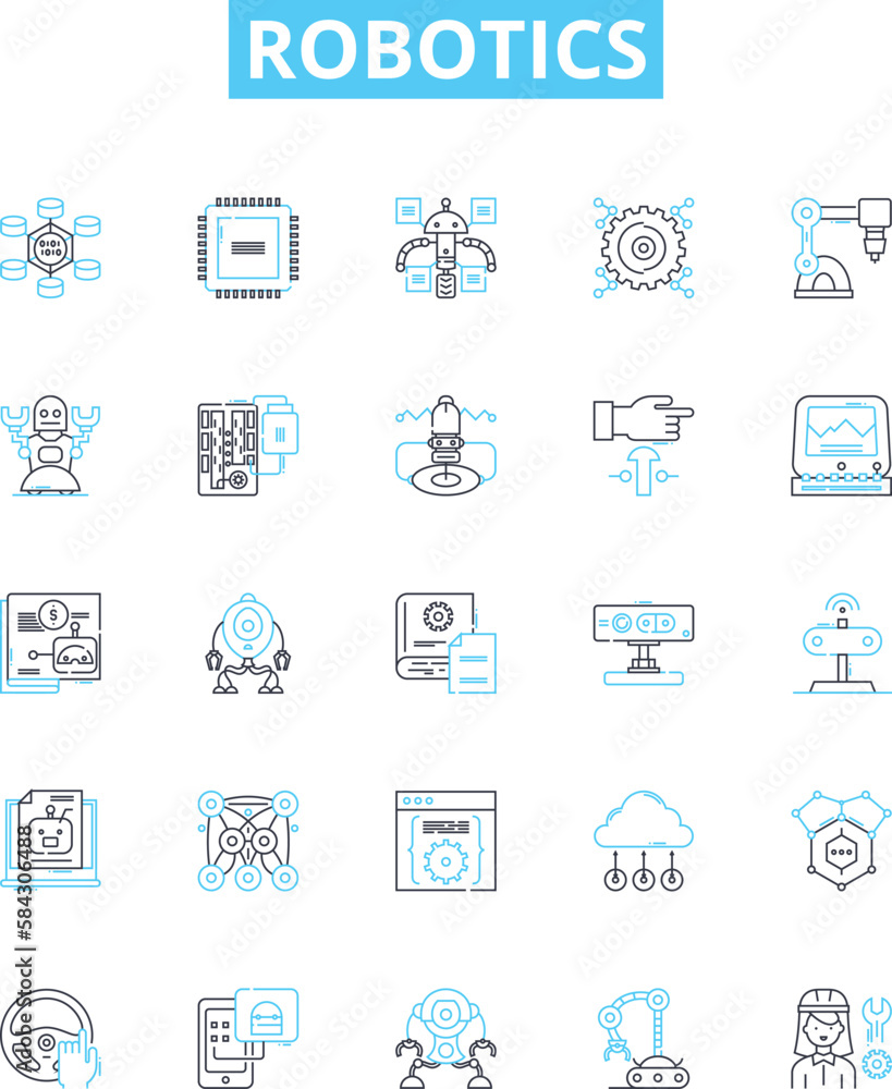 Robotics vector line icons set. Robots, Automation, AI, Machine, Learning, Engineering, Motion illustration outline concept symbols and signs