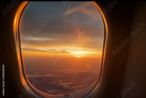 Beautiful scenic city view of sunset through the aircraft window, airplane Generative AI photo