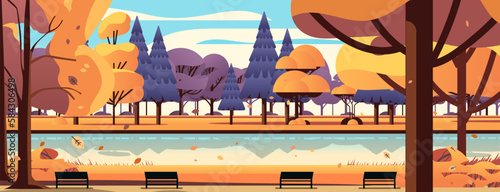 wooden benches and orange trees near lake in public summer city park autumn landscape background