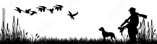 Wildlife Duck animals hunting hunt landscape panorama vector illustration - Black silhouette of hunter with rifle gun and dog in reed bog shoots at flying mallard ducks, isolated on white background