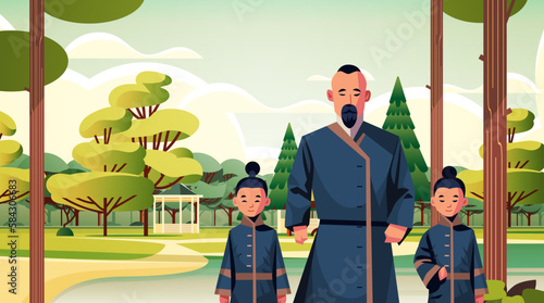 japan father and children walking in urban park together fatherhood happy family concept