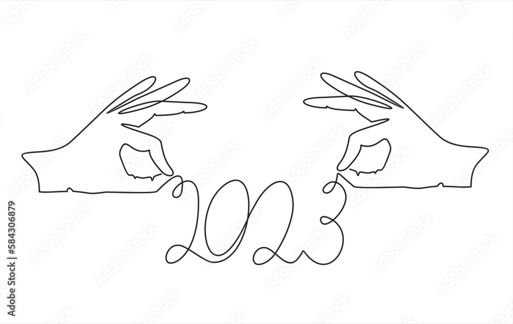 One continuous line of two hand holding a string with 2023 number. One continuous line of two hand holding a string with 2023 number.