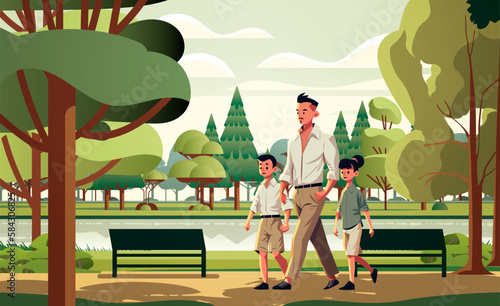 father and little children walking in urban park together dad spending time with kids outdoor fatherhood happy family