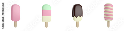 Set of strawberry, vanilla and chocolate ice cream dessert with a popsicle stick in Beach Concept Summer Theme, PNG transparent background, 3D element, 3D illustration