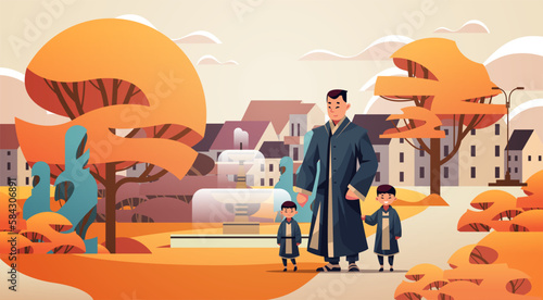 japan father and children walking in urban park together fatherhood happy family concept