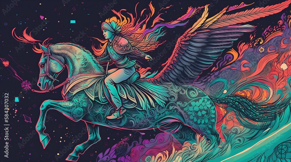 AI Generated art of knight on unicorn with wings AI Generated art of knight on unicorn with wings