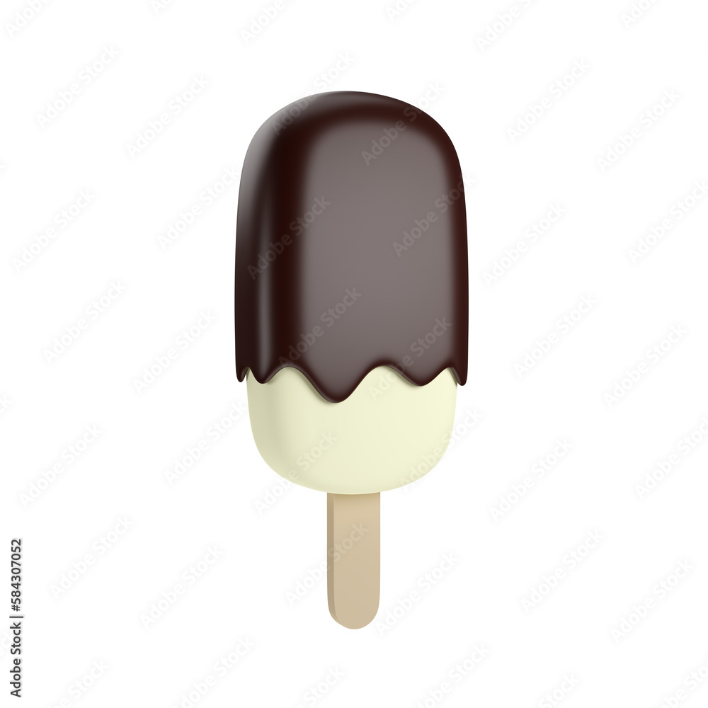 Vanilla ice cream dipped on chocolate dessert with a popsicle stick in Beach Concept Summer Theme, PNG transparent background, 3D element, 3D illustration Vanilla ice cream dipped on chocolate dessert with a popsicle stick in Beach Concept Summer Theme, PNG transparent background, 3D element, 3D illustration