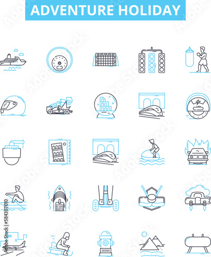 Adventure holiday vector line icons set. Voyage, Expedition, Trek, Tour, Holiday, Camp, Journey illustration outline concept symbols and signs