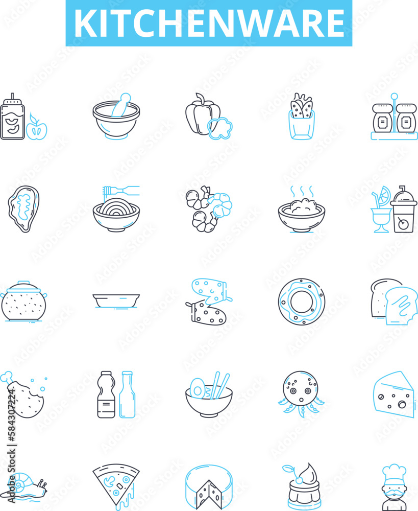 Kitchenware vector line icons set. Cookware, Utensils, Cutlery, Plateware, Appliances, Crockery, Pots illustration outline concept symbols and signs
