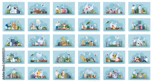 Stop plastic pollution set. Bag bottle recycle sign package disposal waste contamination disposable dish. Save planet. Earth day. Food waste and meal leftovers garbage. Waste pollution. Garbage