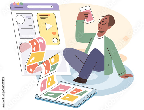 Young teenager boy with phone uses applications and searches for information on Internet, phone or internet addiction concept, serious thinking teen boy with smartphone. People and digital gadget