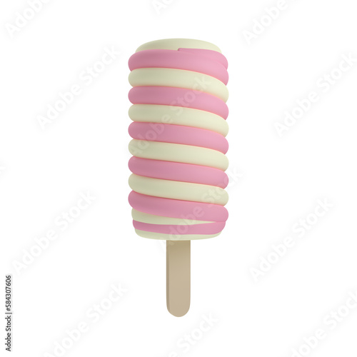 strawberry and vanilla swirl ice cream dessert with a popsicle stick in Beach Concept Summer Theme, PNG transparent background, 3D element, 3D illustration