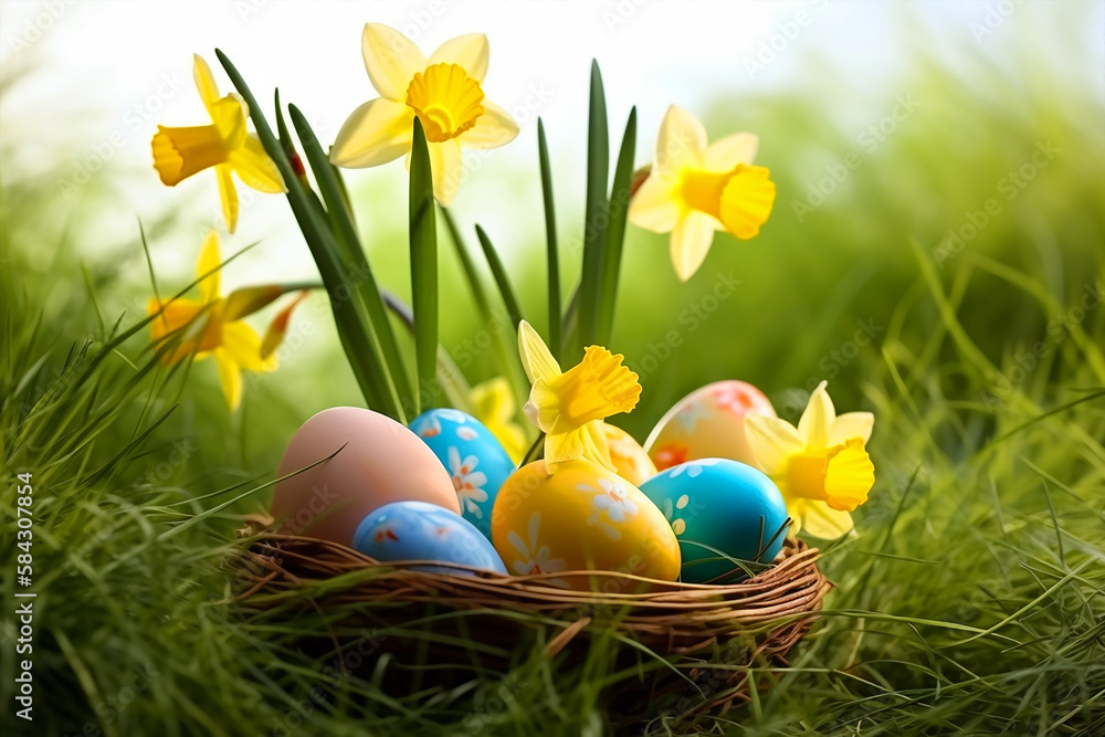 Easter eggs in a basket. Generative AI	