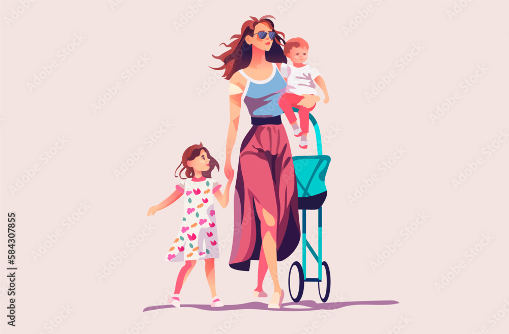 mother walking with her little daughters loving family parenthood childcare concept mothers day card template