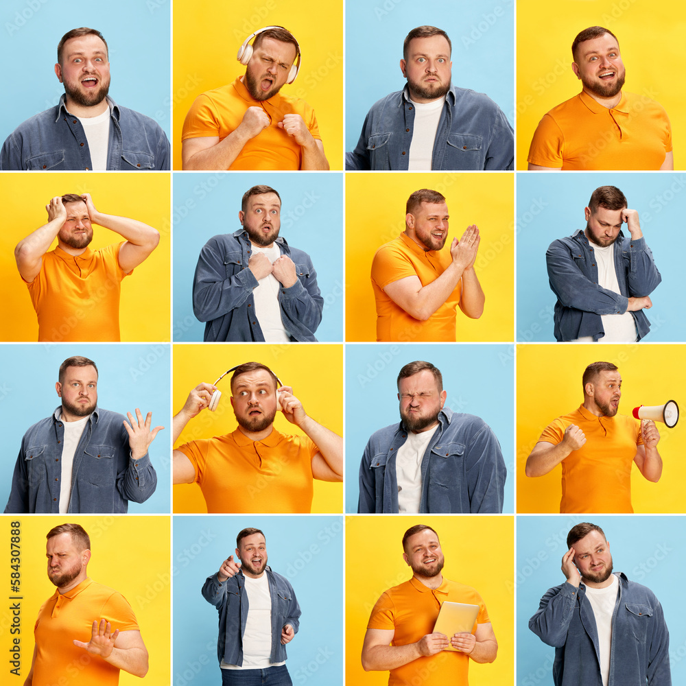 Collage made of closeup portraits of bearded man expressing different emotions over blue and yellow backgrounds. Collage made of closeup portraits of bearded man expressing different emotions over blue and yellow backgrounds.