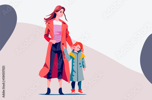mother walking with her little daughter loving family parenthood childcare concept mothers day card template