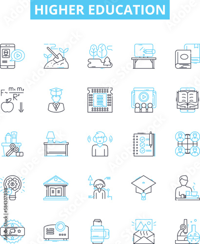 Higher education vector line icons set. Education, Higher, College, University, Academia, Learning, Diploma illustration outline concept symbols and signs