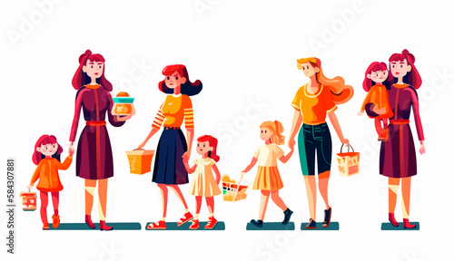 set mothers and little daughters shopping at supermarket with products in cart family in store buying groceries