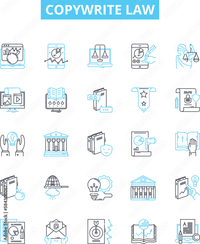Copywrite law vector line icons set. Copyright, Law, Writing, Registration, Violation, Infringement, Intelectual illustration outline concept symbols and signs