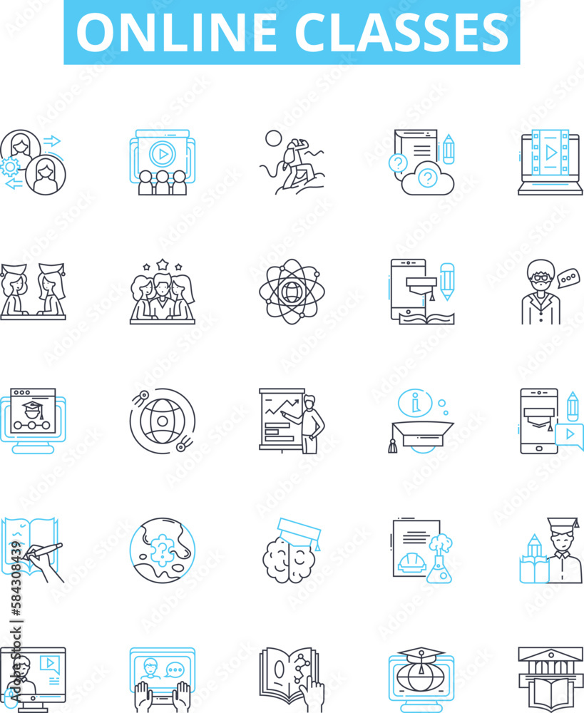 Online classes vector line icons set. Online, Classes, Learning, eLearning, Remote, Virtual, Webinars illustration outline concept symbols and signs