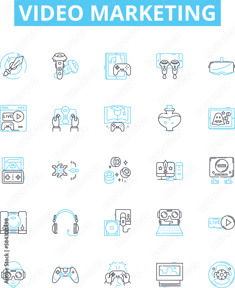 Video marketing vector line icons set. Video, Marketing, Advertising, Promotion, Campaign, Visual, Content illustration outline concept symbols and signs Video marketing vector line icons set. Video, Marketing, Advertising, Promotion, Campaign, Visual, Content illustration outline concept symbols and signs